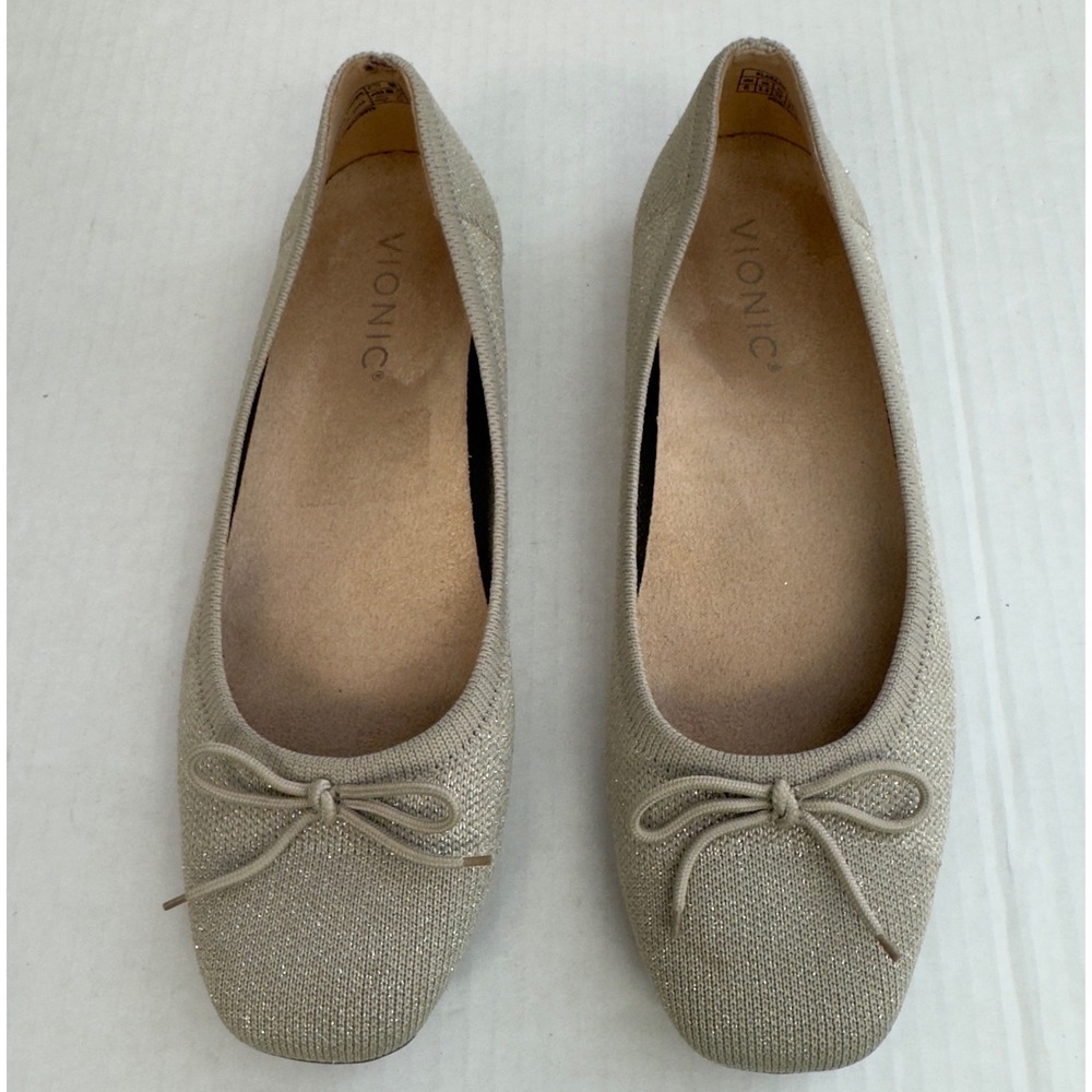 Vionic Klara Knit Ballet Flats Womens 6 Champagne Gold Metallic Square Toe Bow